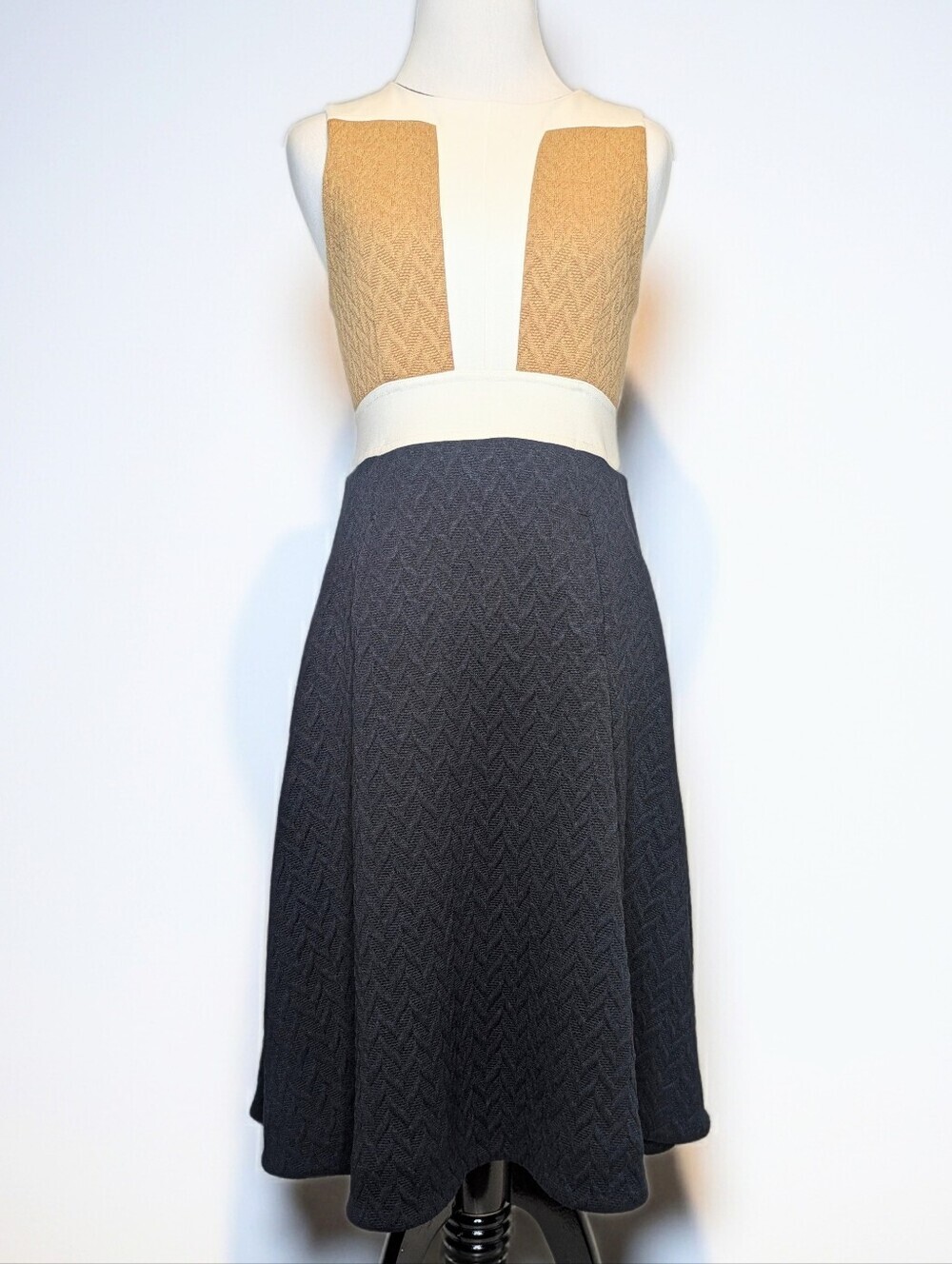 Maeve Dress Midi Cable Knit Sleeveless Zip Color Block Cream Tan Pockets Size 0 - Picture 4 of 9